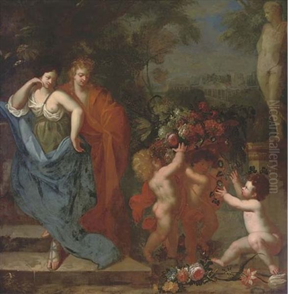 An Italianate Garden With Cherubs Offering Flowers To An Amorous Couple, A Classical Palace Beyond Oil Painting by Kaspard Jacob Opstal the Elder