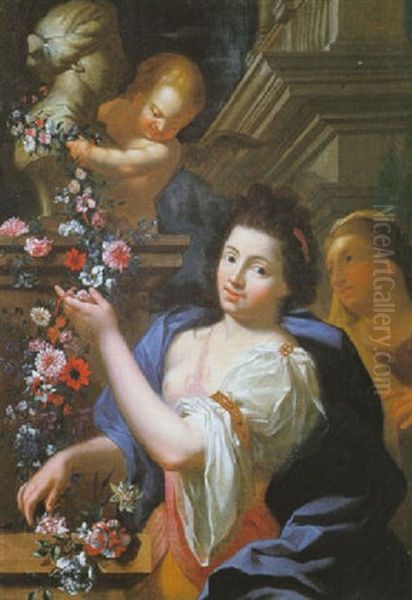 Jeunes Femmes Decorant Un Buste D'une Guirlande De Fleurs Oil Painting by Kaspard Jacob Opstal the Elder