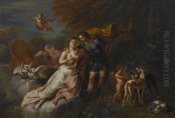 Venus Und Adonis - Im Baumschatten Lagernd, Versucht Venus, Durch Eine Erzahlung Ihren Geliebten Vom Jagen Abzuhalten Oil Painting by Kaspar Jacob Opstal the Younger