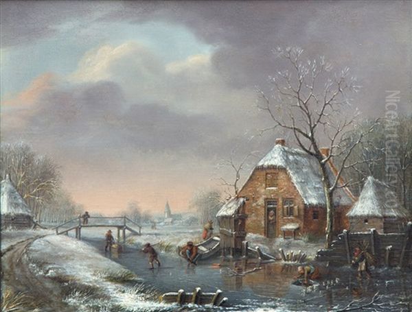 A Dutch Winter Scene With Skaters And Farmers On A Frozen Ditch Oil Painting by Andreas Johannes van Opstal