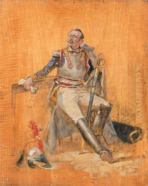 Cuirassier Du Premier-empire, Assis Sur Une Chaise, Son Casque Et Son Porte-manteau Poses A Terre Oil Painting by Maurice Henri Orange