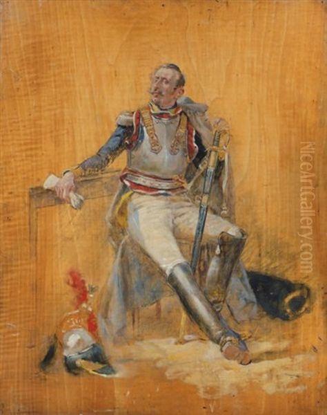 Cuirassier Du Premier-empire Assis, Son Casque Pose A Terre Oil Painting by Maurice Henri Orange