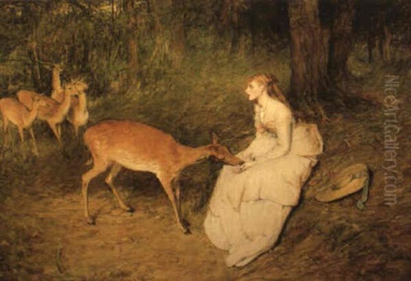 Young Woman In The Woods Feeding A Doe With Other Deer Beyond Oil Painting by Sir William Quiller Orchardson