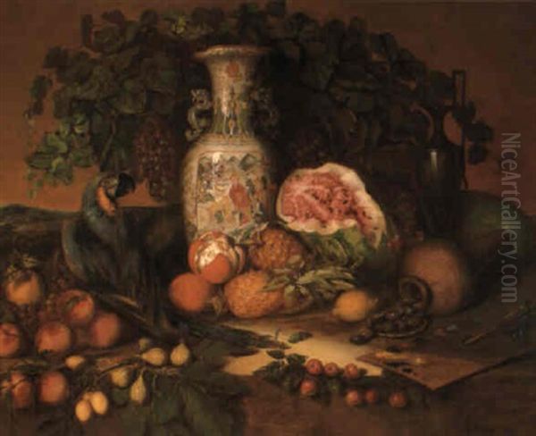 Still Life With Chinese Vase, Parrot, And Artist's Palette Oil Painting by Joseph Biays Ord