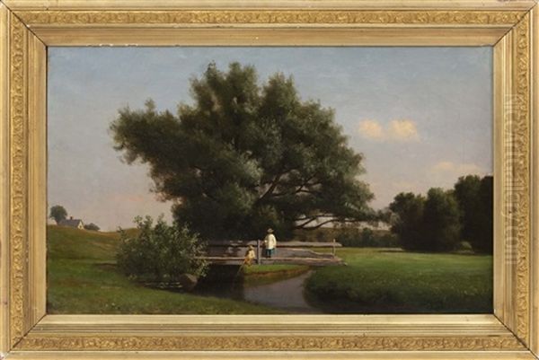 Fishing Off A Footbridge Oil Painting by Alfred T. Ordway