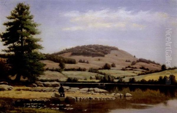 Fishing On Fairlee Pond, Mount Mansfield, Vermont Oil Painting by Alfred T. Ordway