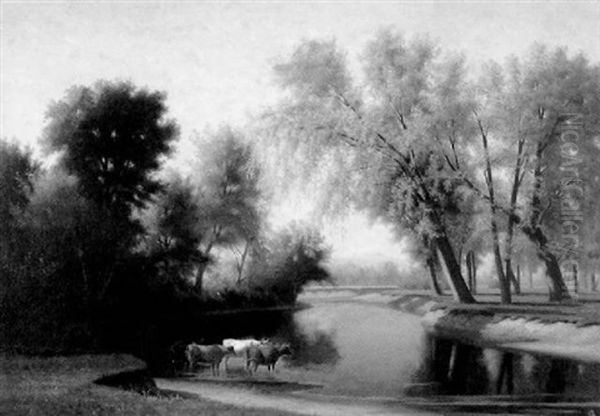 Cattle At The River's Edge, White Mountains Oil Painting by Alfred T. Ordway