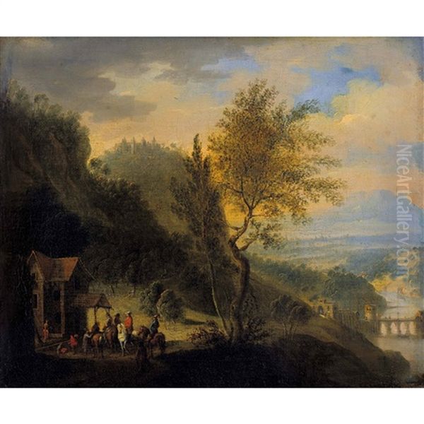 Rheinlandschaft Mit Rastenden Reitern Und Brucke Oil Painting by Josef Orient