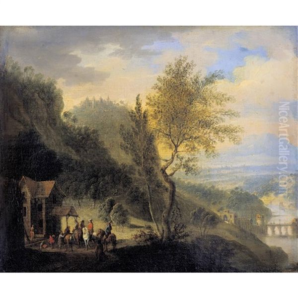 Rheinlandschaft Mit Rastenden Reitern Und Brucke Oil Painting by Josef Orient