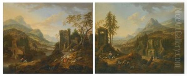 A River Landscape With Travellers On A Path And Peasants Fishing Beyond; A River Landscape With Peasants Resting On The Bank Beside A Ruined Building (pair) Oil Painting by Josef Orient