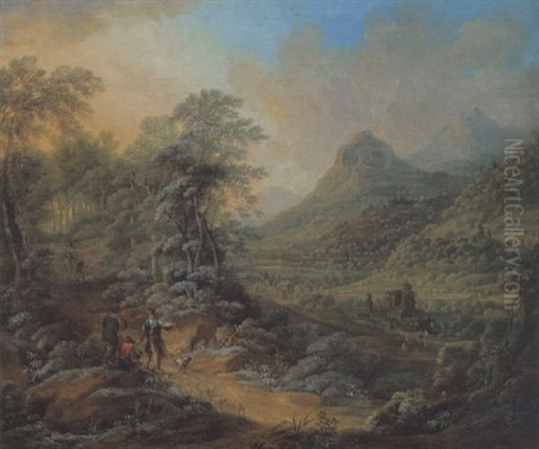 Bewaldete Gebirgslandschaft Mit Figuren Oil Painting by Josef Orient