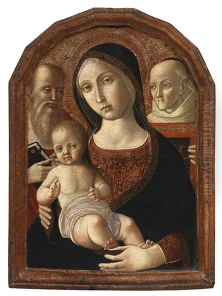 Madonna And Child With Saints Jerome And Bernardino Of Siena Oil Painting by Pietro di Francesco degli Orioli