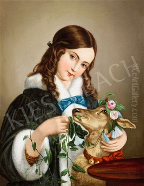 Girl With Fawn Oil Painting by Petrich Soma Orlai