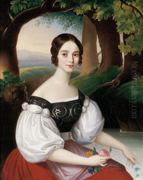 Portrait Einer Jungen Dame Mit Rose Am Seeufer Oil Painting by Petrich Soma Orlai