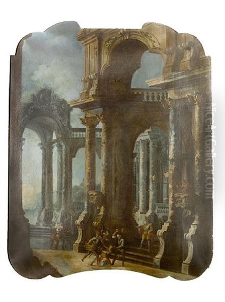 An Architectural Capriccio Of The Interior Of A Palace With The Mocking Of Christ Oil Painting by Stefano Orlandi