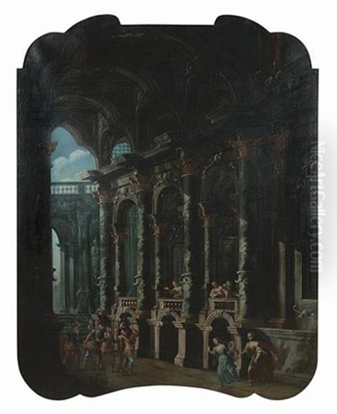 An Architectural Capriccio Of The Interior Of A Palace With The Judgement Of Paris (+ An Architectural Capriccio With Soldiers Entering A Palace; Pair) Oil Painting by Stefano Orlandi