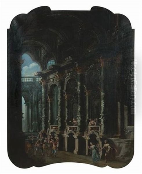 An Architectural Capriccio Of The Interior Of A Palace With The Judgement Of Paris (+ An Architectural Capriccio With Soldiers Entering A Palace; Pair) by Stefano Orlandi