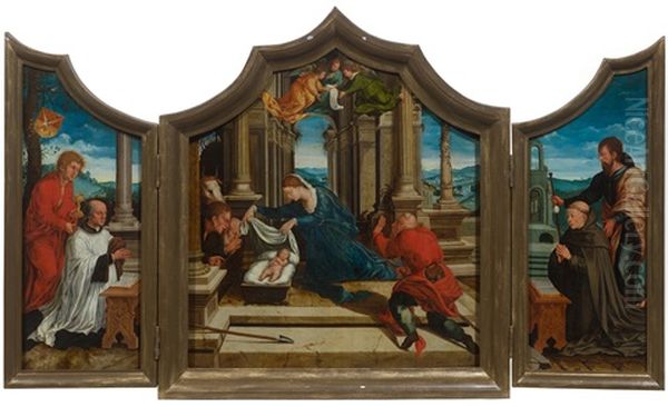 Triptych: Adoration With John The Baptist, James The Elder And Two Portraits Of Donors Oil Painting by Bernaert (Barend) van Orley