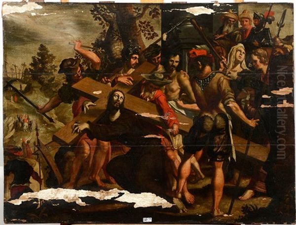 Simon De Cyrene Aidant Le Christ A Porter Sa Croix Oil Painting by Bernaert (Barend) van Orley