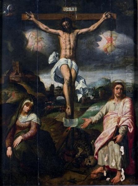 Le Christ En Croix Entoure De La Sainte Vierge Et De Saint Jean (in 3 Parts) Oil Painting by Bernaert (Barend) van Orley