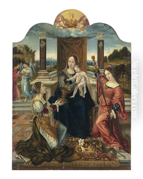 The Virgin And Child With The Virtues Of Temperance And Justice, And Angels Oil Painting by Bernaert (Barend) van Orley