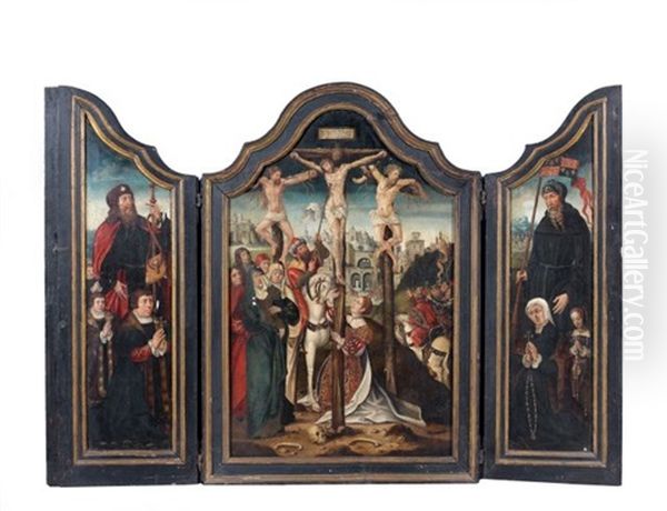 Le Golgotha Entre Les Donateurs Presentes Par Saint Jacques Et Un Saint Protecteur (+ L'annonciation, Verso; Triptych) Oil Painting by Bernaert (Barend) van Orley