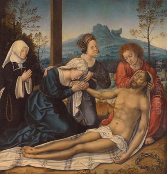 The Lamentation Of Christ At The Foot Of The Cross, With A Donor Oil Painting by Bernaert (Barend) van Orley