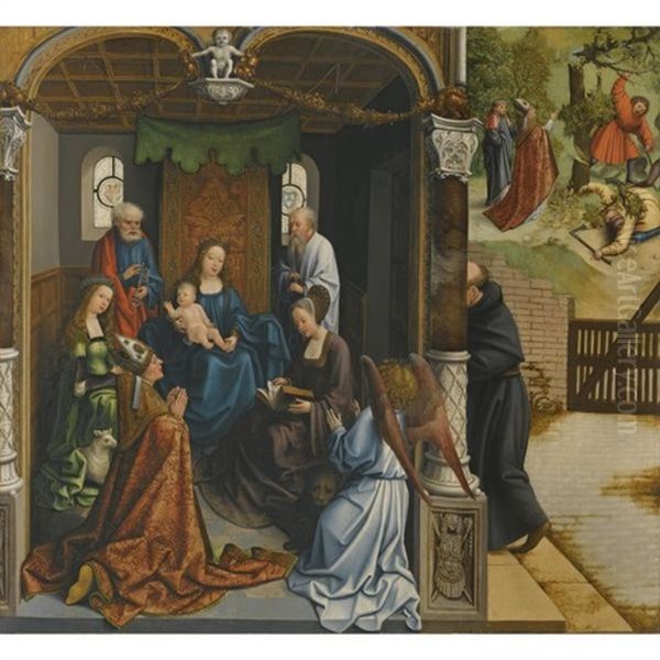 The Virgin And Child Adored By Saint Martin And Other Saints Including Saint Peter, Agnes, Mary Magdelene, And Anthony (?), And Beyond Saint Martin Ordering A Tree To Be Felled, With On The Verso An Abbot In Prayer, Within A Fictive Frame Oil Painting by Bernaert (Barend) van Orley