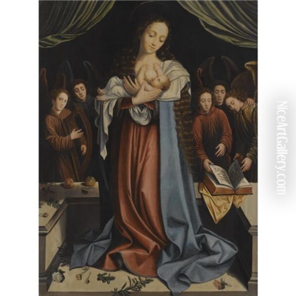 The Virgin And Child With Attendant Angels Oil Painting by Bernaert (Barend) van Orley