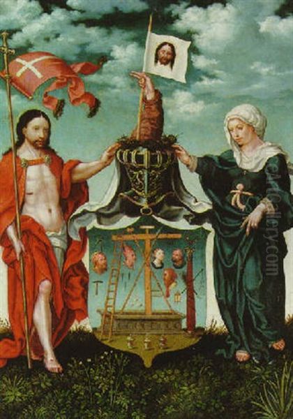 Christ The Redeemer And The Virgin With The Symbols Of The Passion, Displayed As A Coat-of-arms Oil Painting by Bernaert (Barend) van Orley