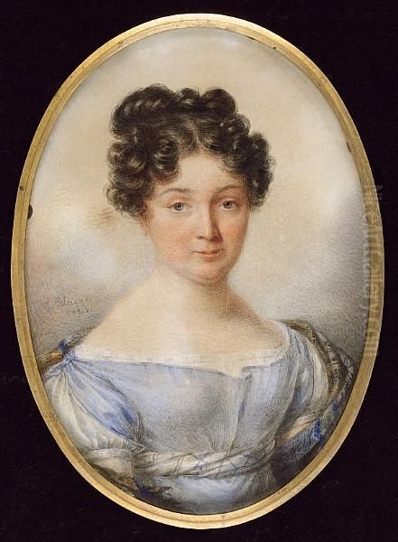 A Miniature Portrait Of A Lady Wearing A Blue Dress With Checked Blue And White Waistband, A Plaid Shawl Around Her Shoulders Oil Painting by Candide Blaize