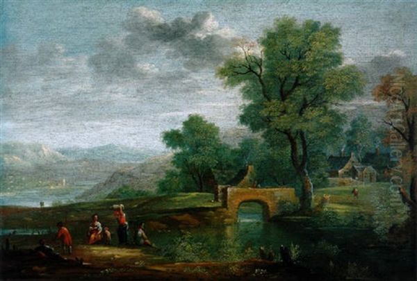 Weite Bewaldete Fluslandschaft Mit Bauernhausern Und Einer Steinernen Bogenbrucke Sowie Figuren Oil Painting by Richard van Orley