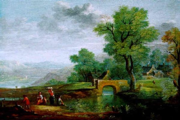 Weite Bewaldete Fluslandschat Mit Bauernhausern Und Einer Steinernen Bogenbrucke Sowie Figuren Oil Painting by Richard van Orley