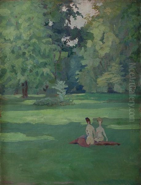 Zwei Frauen Auf Der Wiese Sitzend Im Sommerlichen Park Oil Painting by Emil Orlik