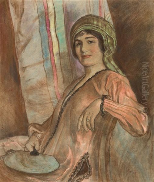 Portrat Einer Dame In Orientalischen Kleidern Oil Painting by Emil Orlik