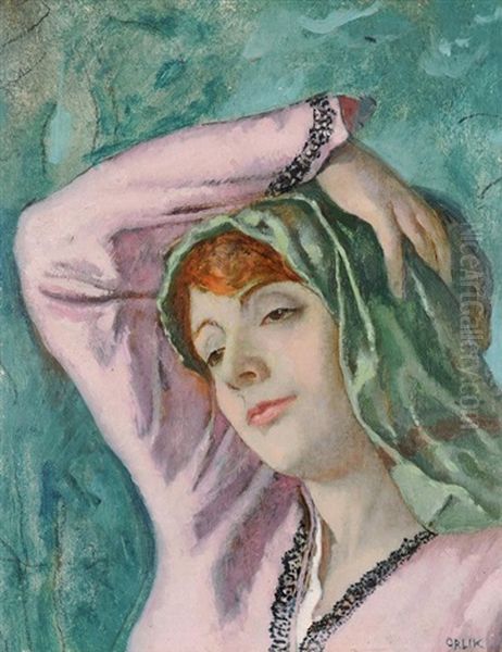 Mit Einem Grunen Turban Oil Painting by Emil Orlik