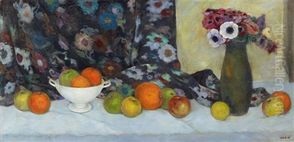 Fruchtestillleben Mit Geblumtem Stoff Und Vase Oil Painting by Emil Orlik