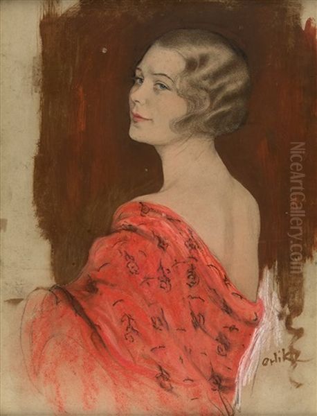 Portrat Einer Dame Im Rotem Kimono Oil Painting by Emil Orlik