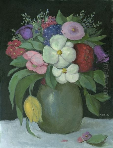 Blumenstraus In Gruner Vase Oil Painting by Emil Orlik