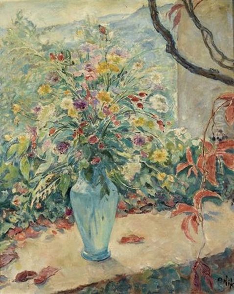 Bunter Blumenstrauss In Blauer Vase Auf Einer Brustung Oil Painting by Emil Orlik