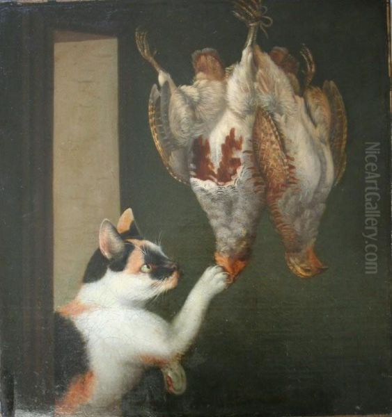 A Cat Snatches Two Partridge In A Larder Oil Painting by Benjamin Blake