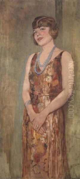 Bildnis Einer Jungen Frau In Geblumtem Kleid Oil Painting by Emil Orlik