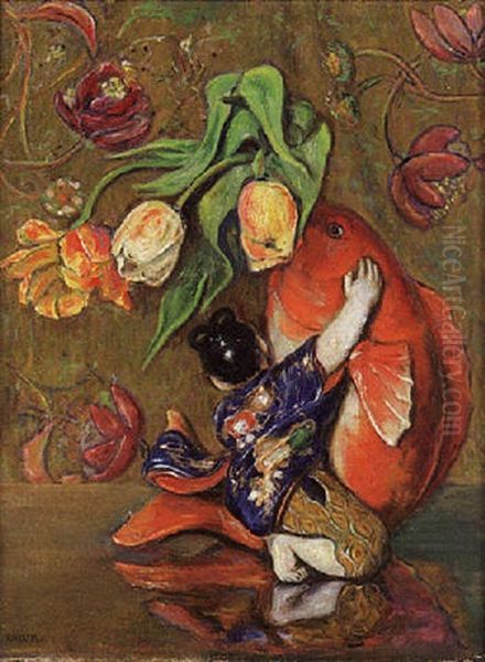 Tulpen In Einer Figurlichen Japanischen Keramikvase Oil Painting by Emil Orlik