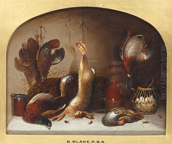 Still Life Of Game And Seafood In A Larder Oil Painting by Benjamin Blake