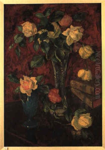 Stilleben Mit Zwei Rosenvasen Oil Painting by Emil Orlik