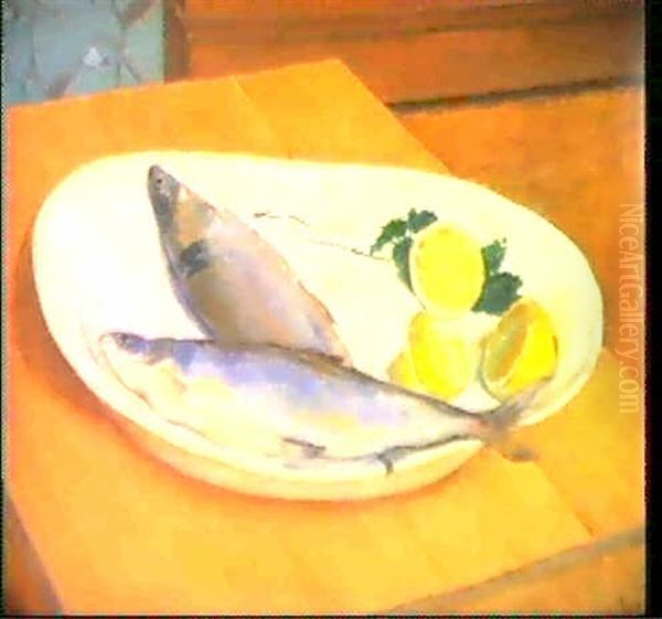 Stileben Mit Fischen Oil Painting by Emil Orlik