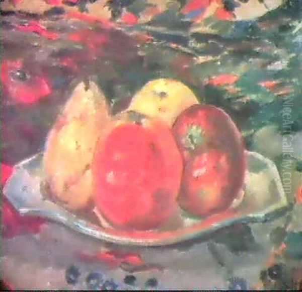 A Pear And Apples On A Dish Oil Painting by Emil Orlik