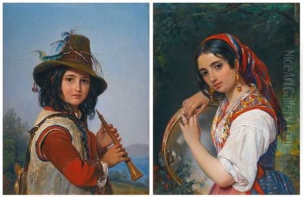 Portrait Of An Italian Shepherd Boy With A Flute (+ A Shepherd Girl With A Tambourine; 2 Works) Oil Painting by Pimen Nikitich Orlov