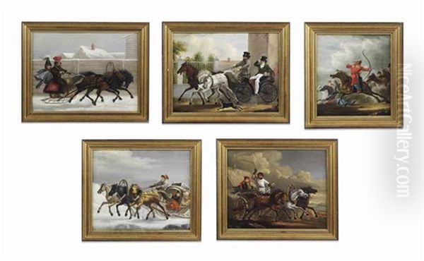 Troika; Dandy In A Droshky; A Postal Troika; A Winter Equipage Scene With Two Men; And A Battle Oil Painting by Aleksandr Osipovich Orlovsky