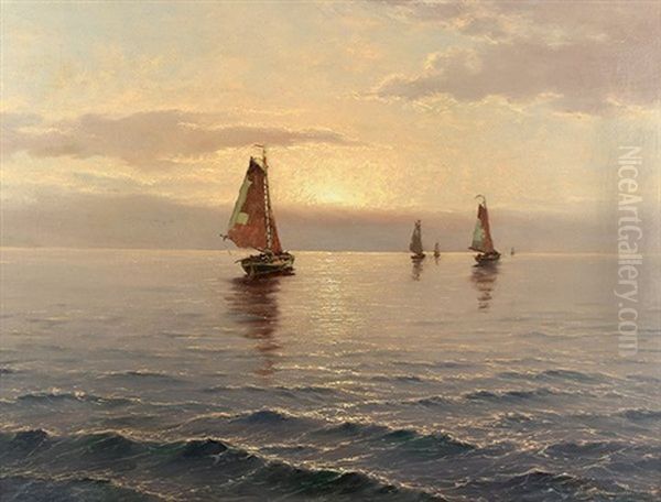 Sailboats At Sunset Oil Painting by Vladimir Donatovitch Orlovsky